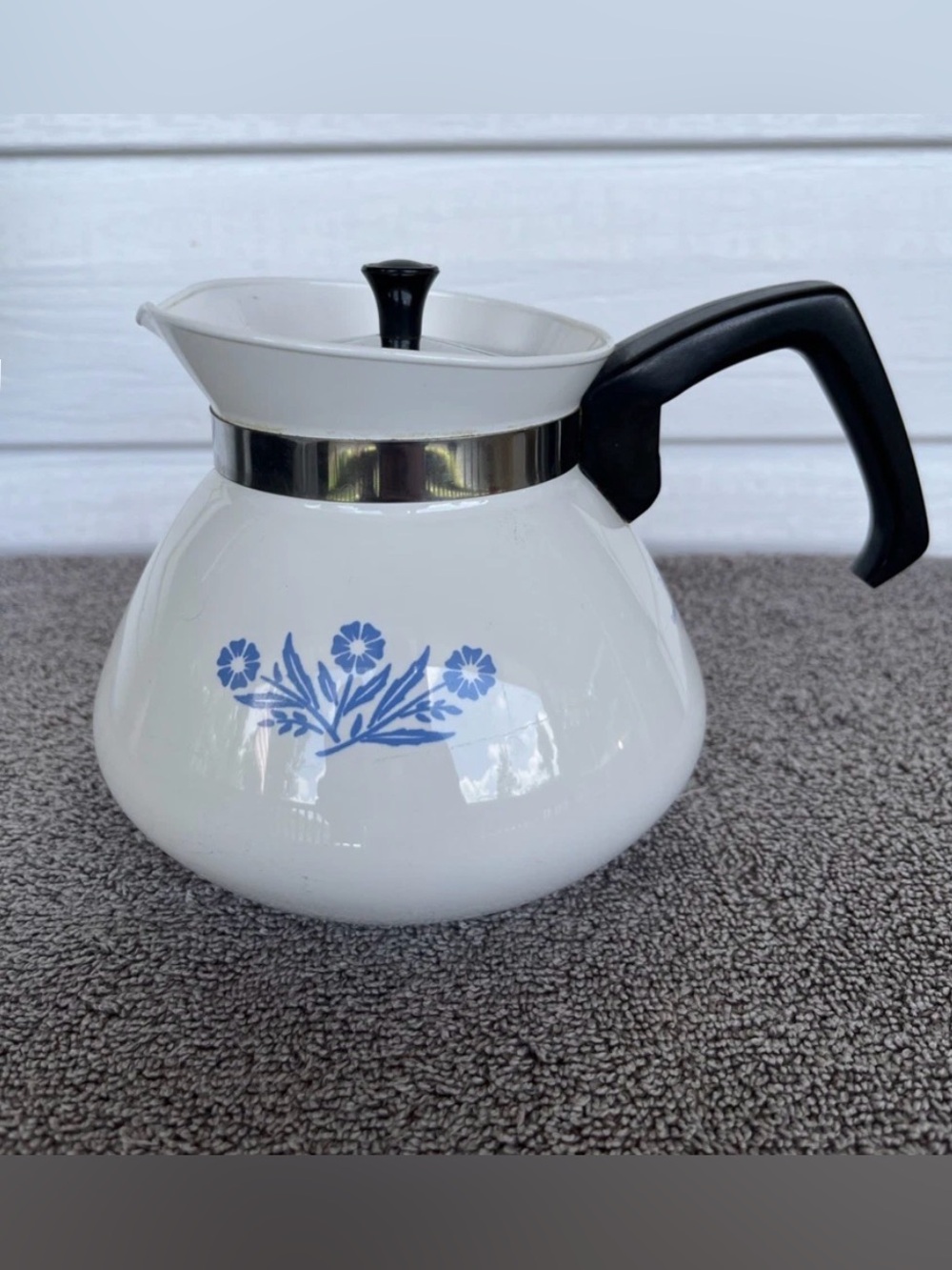 Corningware White Coffee Percolator with Blue Floral Motif and Black Handle